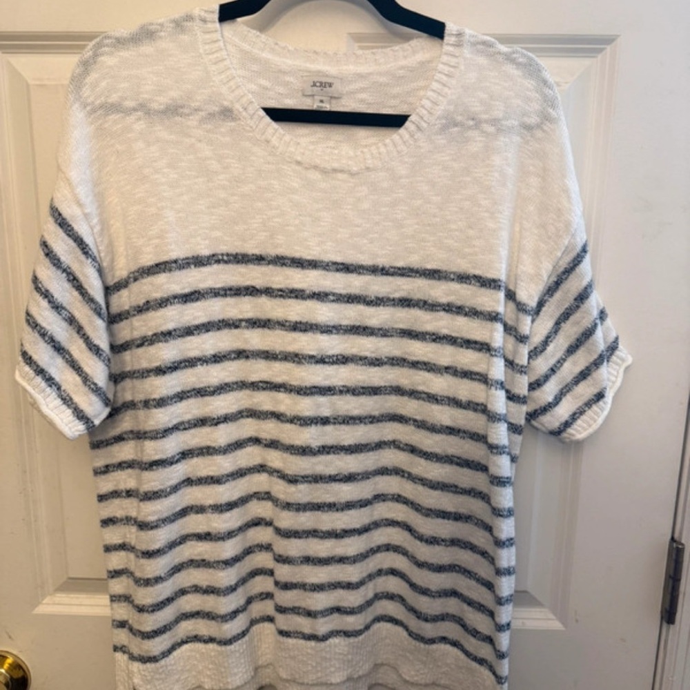 J. Crew White and Navy Striped Short-Sleeve Sweater Top